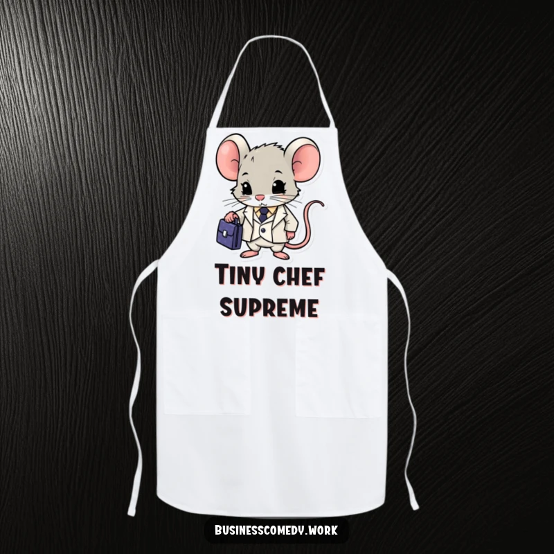Funny mouse in a suit holding a briefcase on an apron, looking determined while cooking, a humorous kitchen accessory.