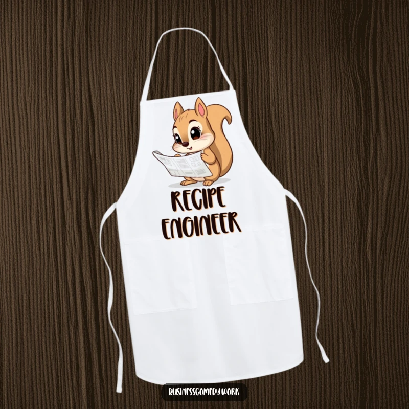 Funny apron design with a curious squirrel studying a blueprint, perfect for kitchen planning.