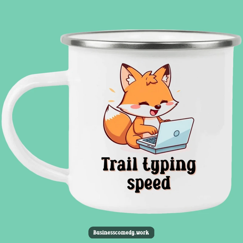 Funny Fox Camping Mug: Playful Typist Character for Energized Humorous Gift