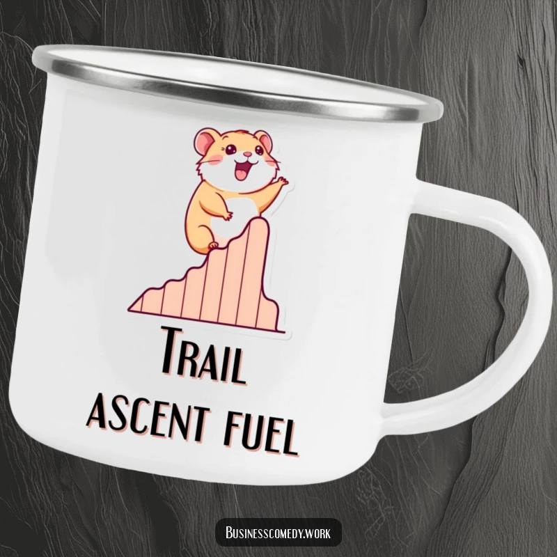 Funny camping mug with a happy hamster climbing a success graph, perfect for outdoor inspiration.