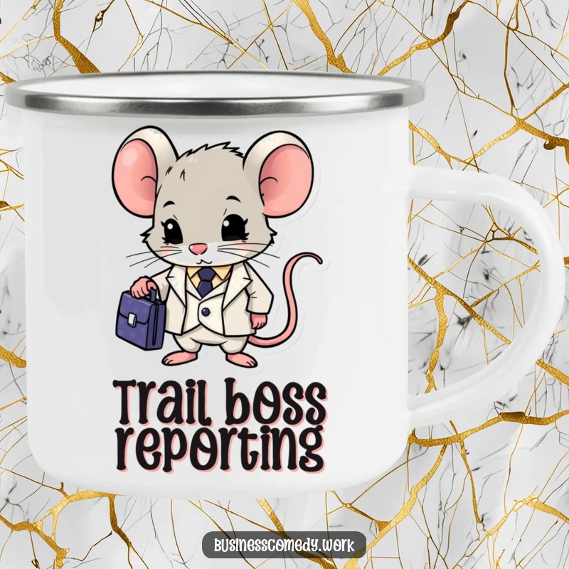Funny mouse in a suit with a briefcase on a camping mug, exuding determination during outdoor adventures, a humorous travel gift.