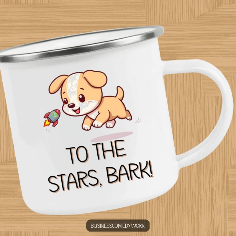 Funny camping mug with a playful puppy chasing a rocket, perfect for outdoor adventures.