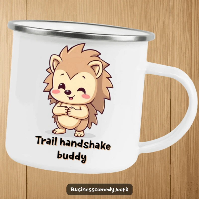 Funny happy hedgehog shaking hands on a camping mug, smiling broadly, a humorous outdoor accessory for social adventurers.