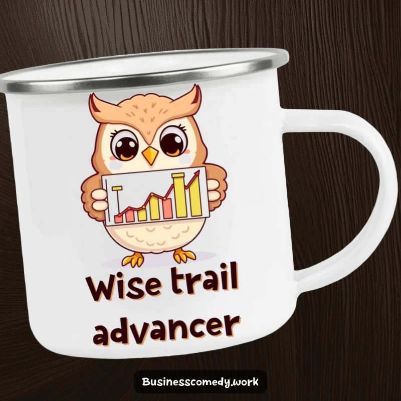 Funny cheerful owl presenting a chart on a camping mug, smiling, a humorous outdoor accessory for wise adventurers.