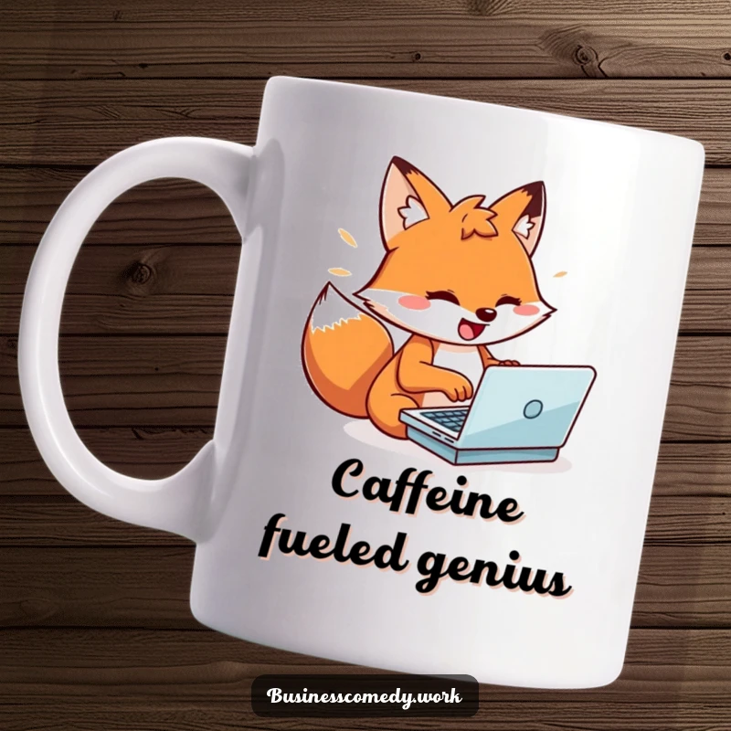 Funny playful fox typing rapidly on a miniature laptop, looking energized on a mug, a humorous gift for tech lovers.
