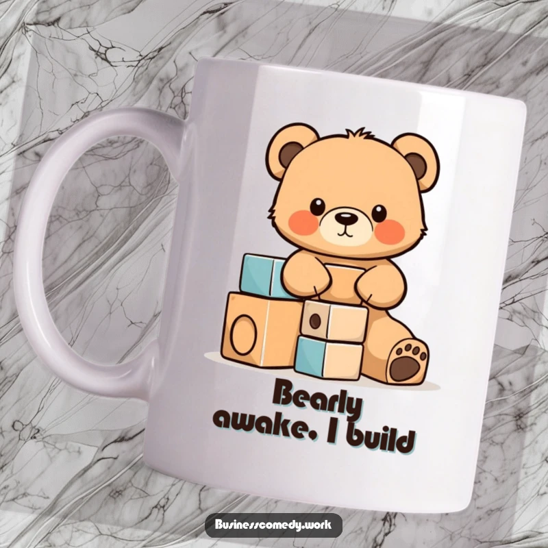 Funny mug with a determined bear cub cub stacking colorful building blocks with intense concentration, showcasing focus and a cute personality.