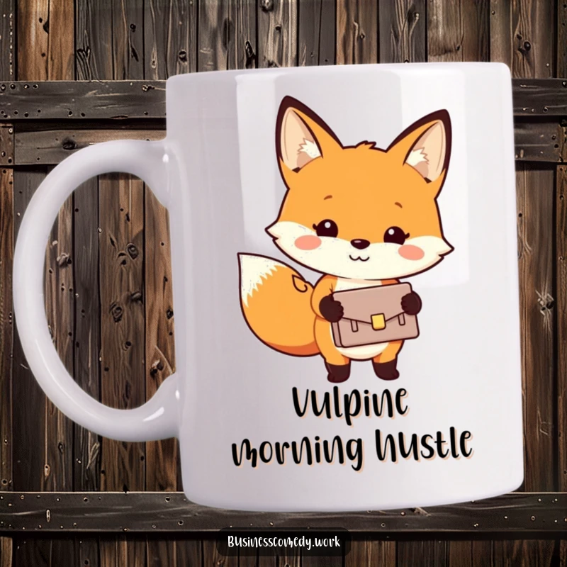 Funny mug illustration of a smiling, cheerful fox carrying a tiny briefcase, ready for business.