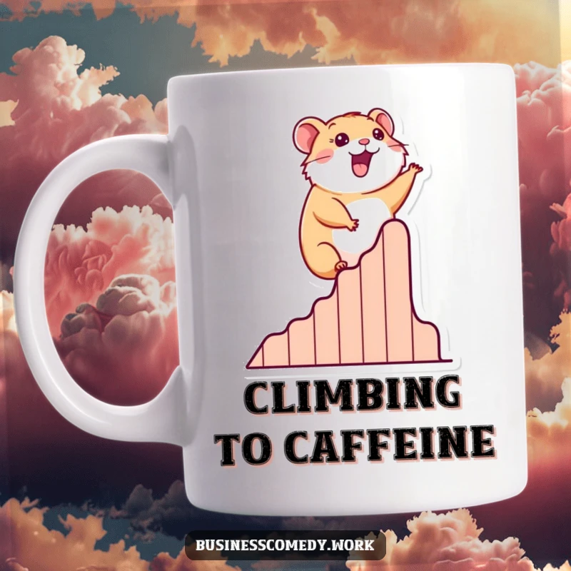 Funny mug showing a cheerful hamster joyfully ascending a stylized graph indicating success.