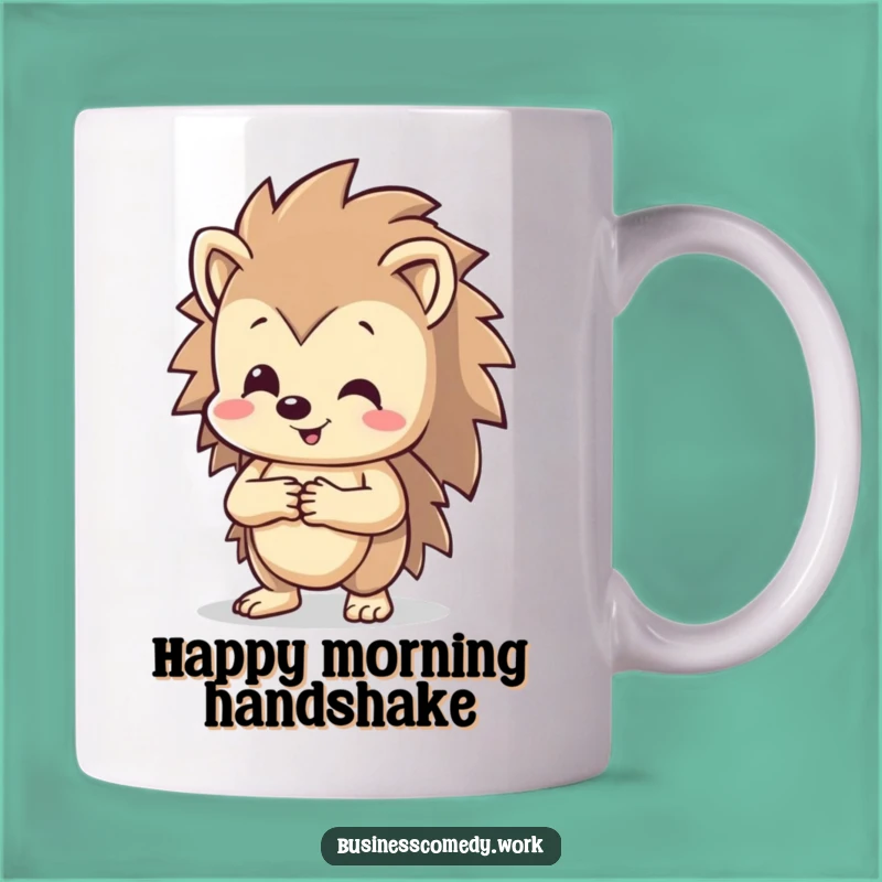 Funny Hedgehog Mug: Happy Handshake Character for a Friendly Humorous Gift