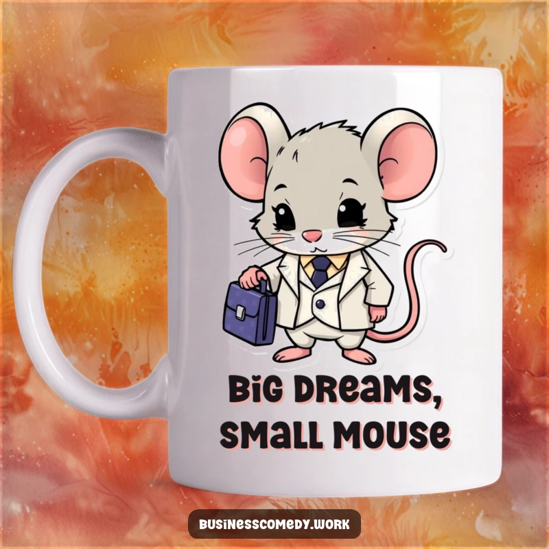 Funny mouse in suit mug, briefcase in paw, looking determined and focused, ready for the corporate jungle, a humorous office gift.
