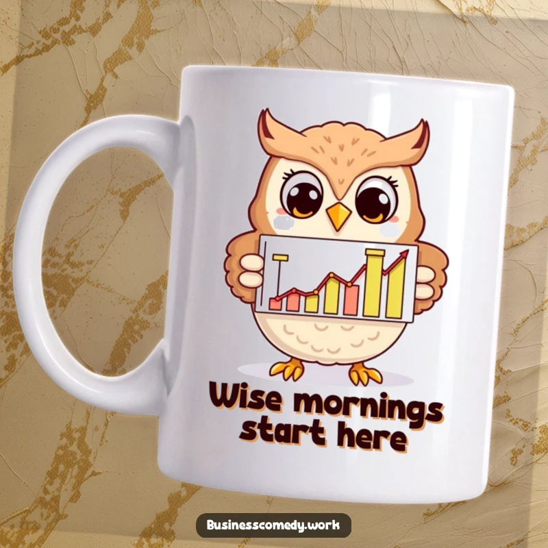 Funny cheerful owl presenting a chart with rising graphs on a mug, smiling wisely, a humorous gift for analysts.