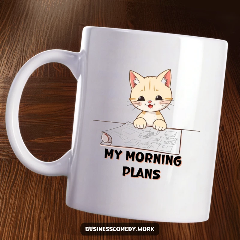 Funny mug featuring a happy cat curiously examining a blueprint, symbolizing clever planning and feline intelligence.