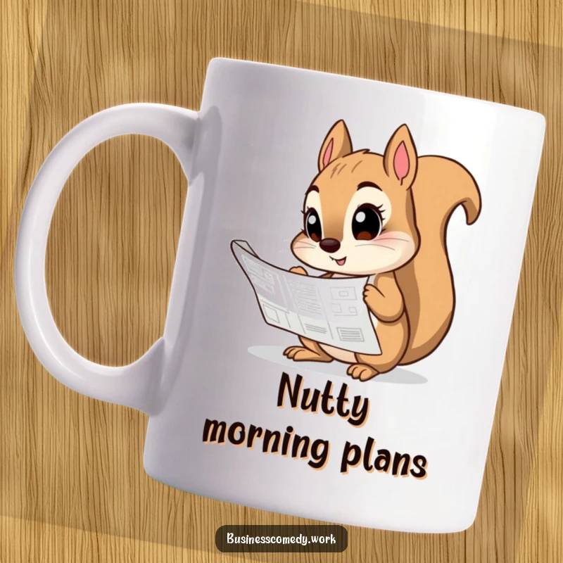 Funny mug graphic of a wide-eyed squirrel intently studying a detailed blueprint.