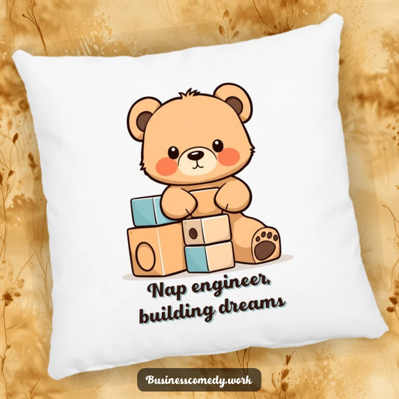 Funny pillow with a soft texture, depicting a cute bear cub cub concentrating on stacking building blocks.