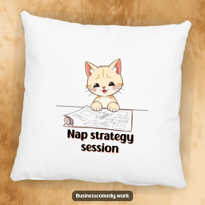 Funny pillow featuring a happy cat studying a blueprint, perfect for comfort and a touch of architectural humor.