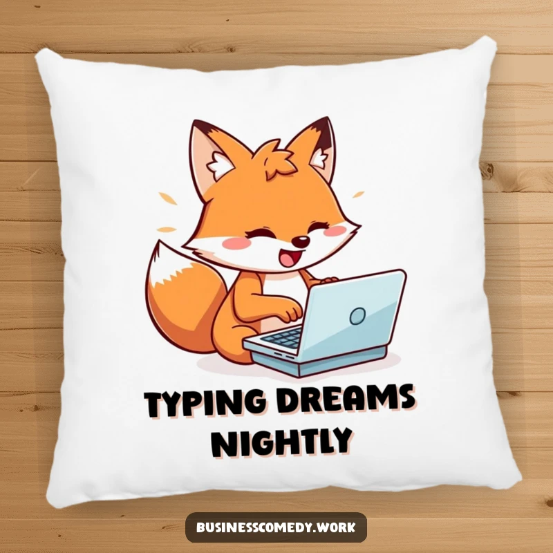 Funny playful fox typing on a laptop on a pillow, looking energized and happy, a soft and humorous decorative item.