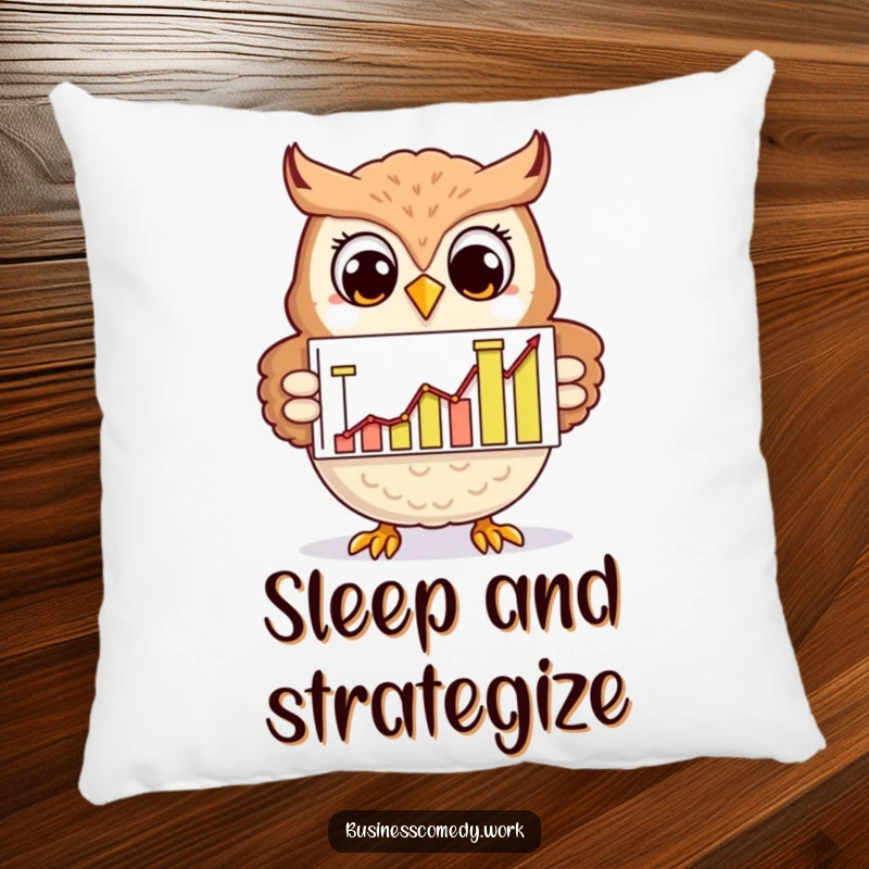 Funny cheerful owl presenting a chart on a pillow, smiling, a soft and humorous decorative item for wise individuals.