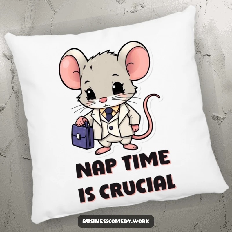 Funny mouse in a suit with a briefcase on a pillow, looking determined, a soft and humorous decorative item.