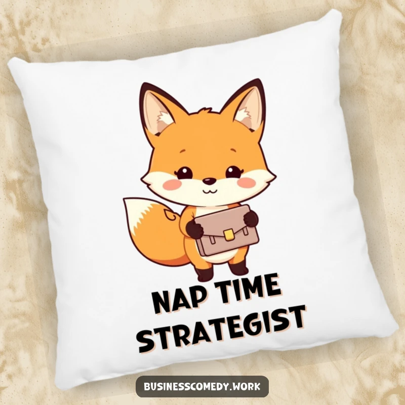 Funny pillow showcasing a cheerful fox smiling and holding a small briefcase, perfect for adding charm.