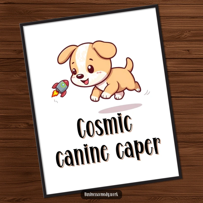 Funny digital art print of a joyful puppy chasing a small rocket graphic, representing pure fun.
