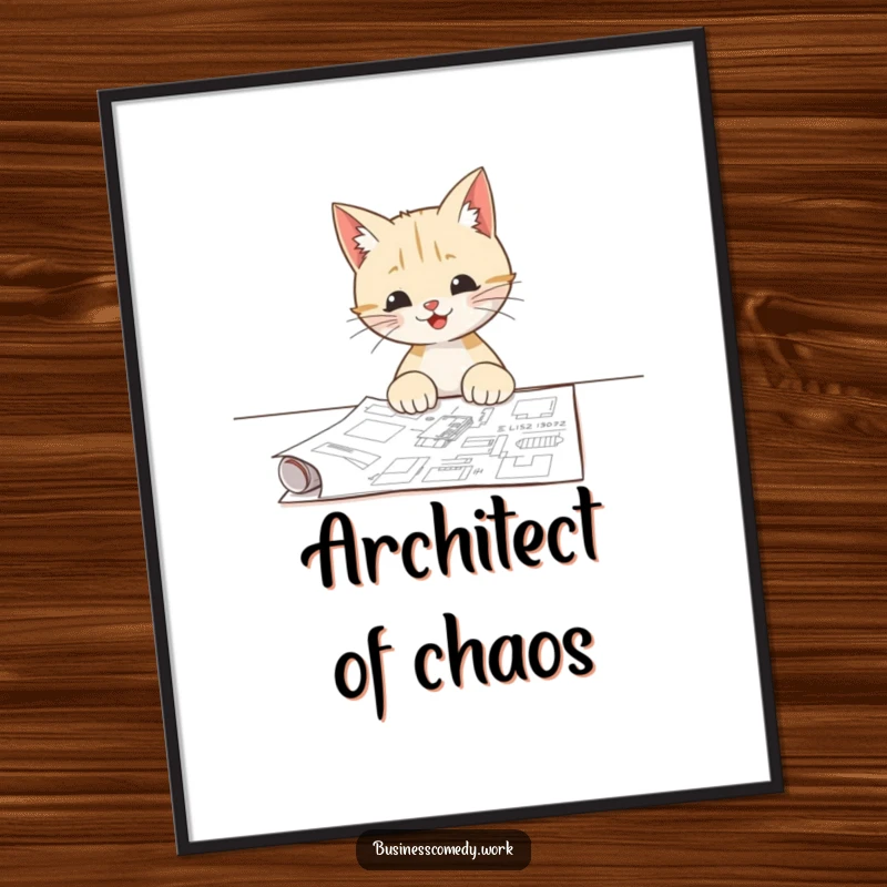 Funny digital art print of a happy cat curiously examining a detailed blueprint, showcasing intelligence and planning.