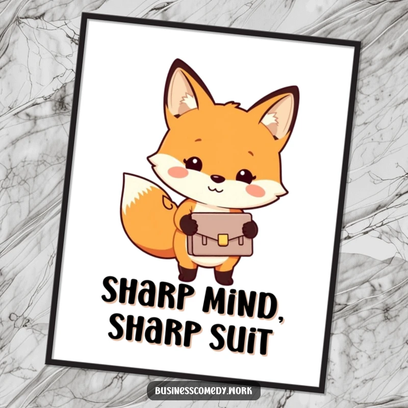 Funny digital art print of a smiling fox carrying a tiny briefcase, symbolizing ambition and humor.