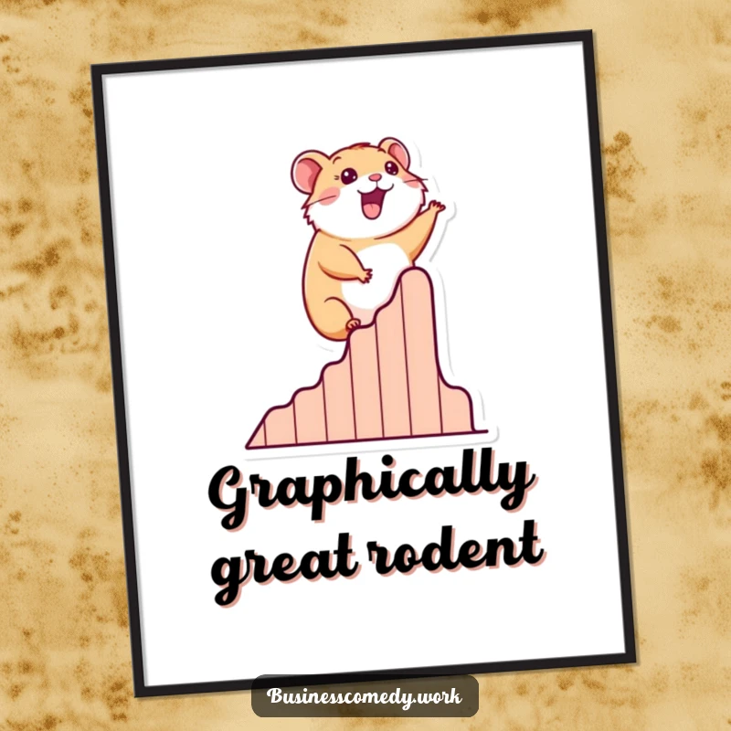 Funny digital art print of a happy hamster ascending a stylized success graph, symbolizing achievement.