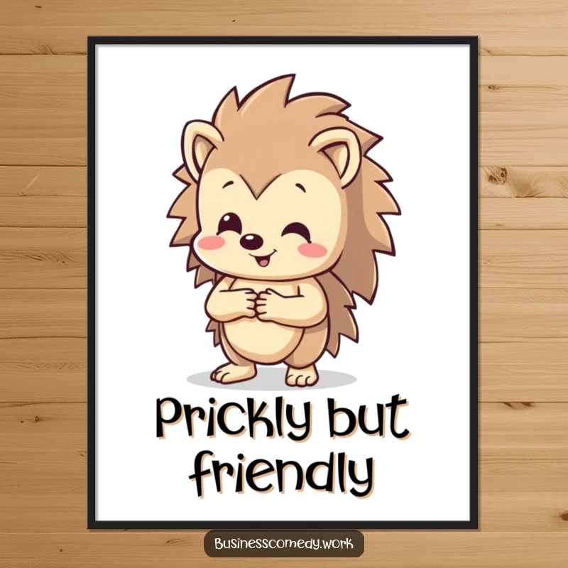 Funny happy hedgehog shaking hands on a poster, beaming with joy, humorous wall art for friendly people.