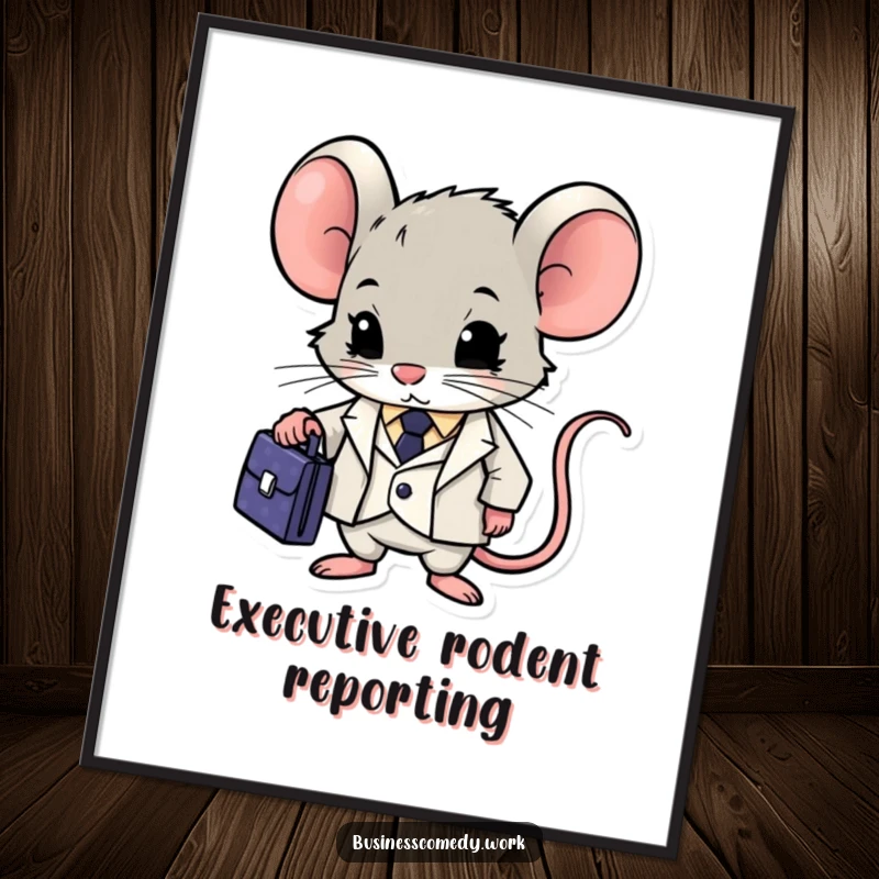 Funny mouse in a suit holding a briefcase, looking determined, digital art print for humorous office or home decor.