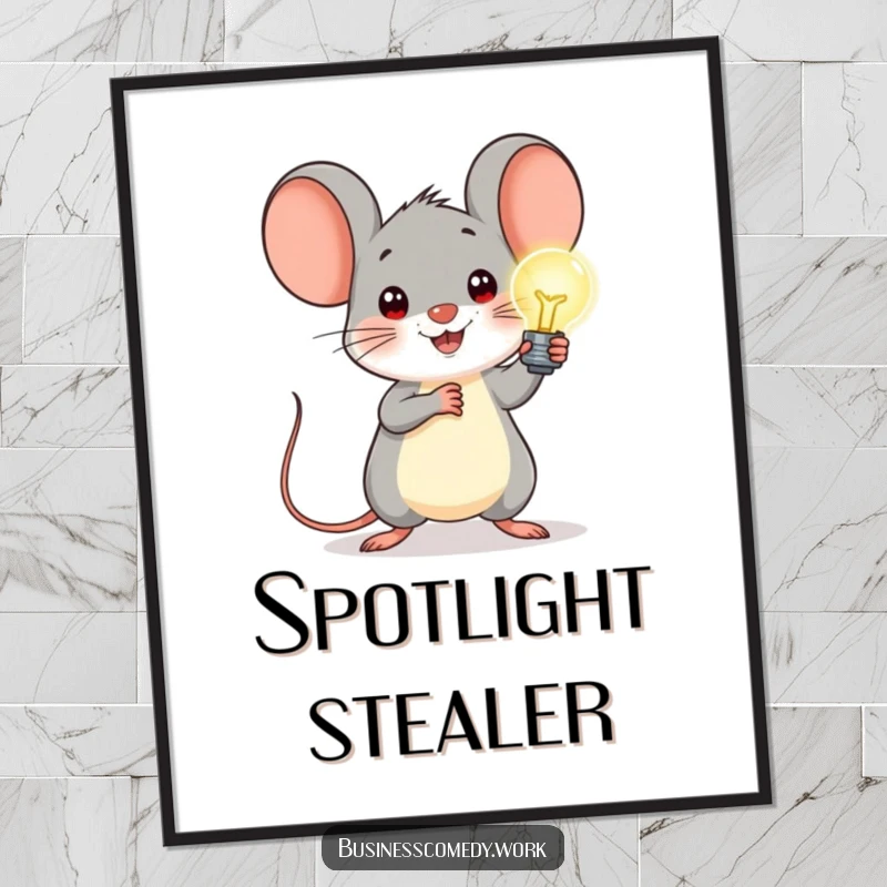 Funny digital art print of a cheerful mouse bravely presenting a glowing lightbulb, capturing the essence of a bright idea.