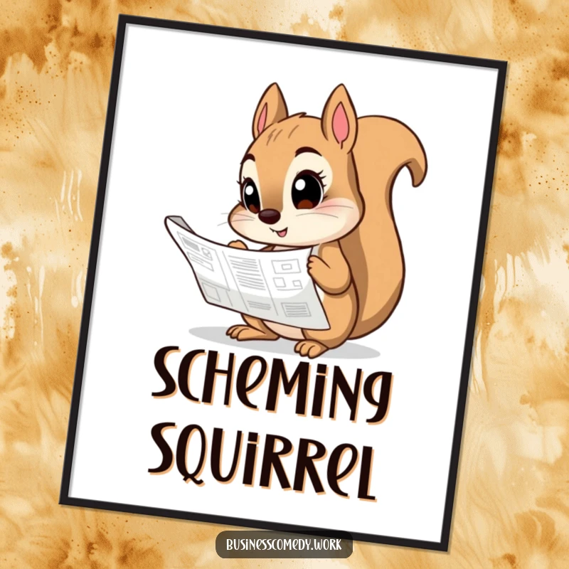 Funny digital art print of a curious squirrel intensely studying a detailed blueprint, symbolizing planning.