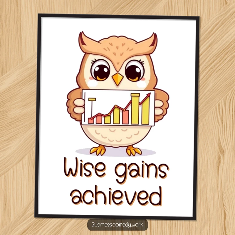 Funny cheerful owl showing a rising graph on a poster, smiling, humorous wall art for analysts and smart people.