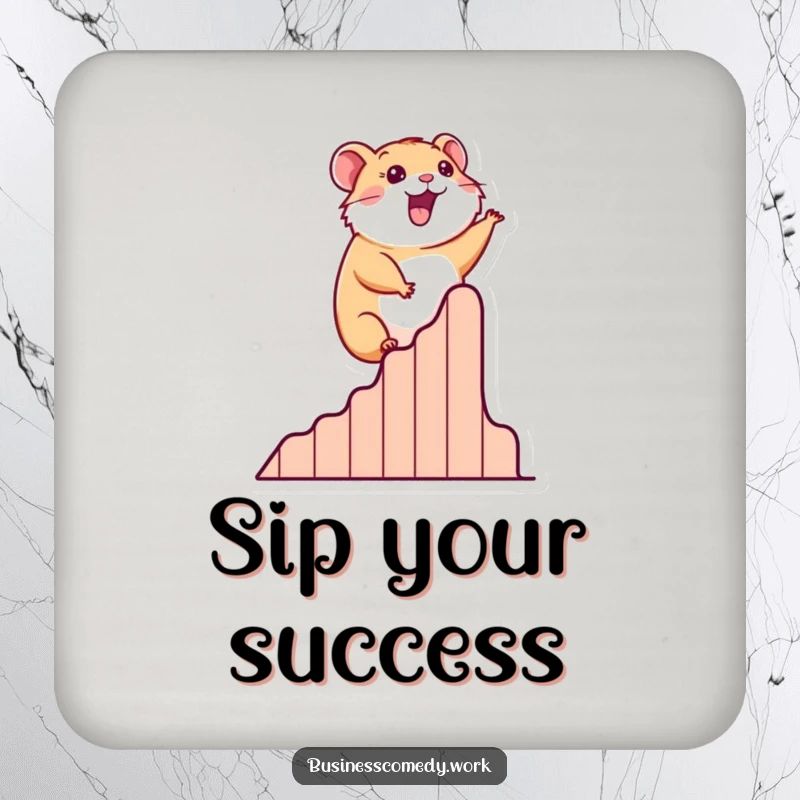 Funny drink coaster with a happy hamster climbing a stylized success graph, adding inspiration.