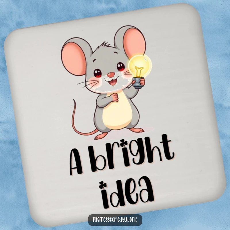 Funny drink coaster featuring a cheerful mouse holding a glowing lightbulb, protecting surfaces with a touch of bright humor.