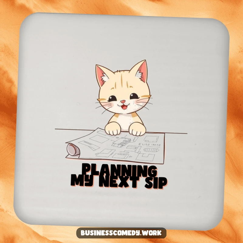 Funny drink coaster featuring a happy cat examining a blueprint, adding a humorous touch to surface protection.