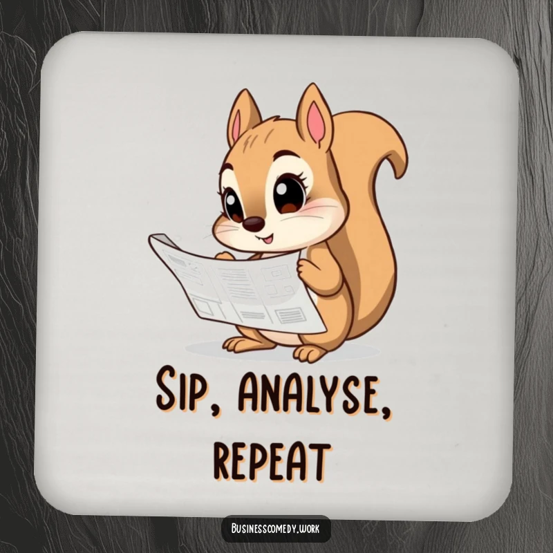 Funny drink coaster with a curious squirrel studying a blueprint, adding intellectual charm.