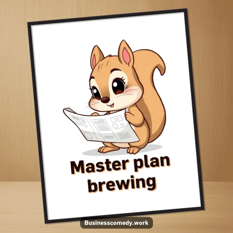 Funny poster art of a wide-eyed squirrel meticulously examining a detailed schematic or blueprint.