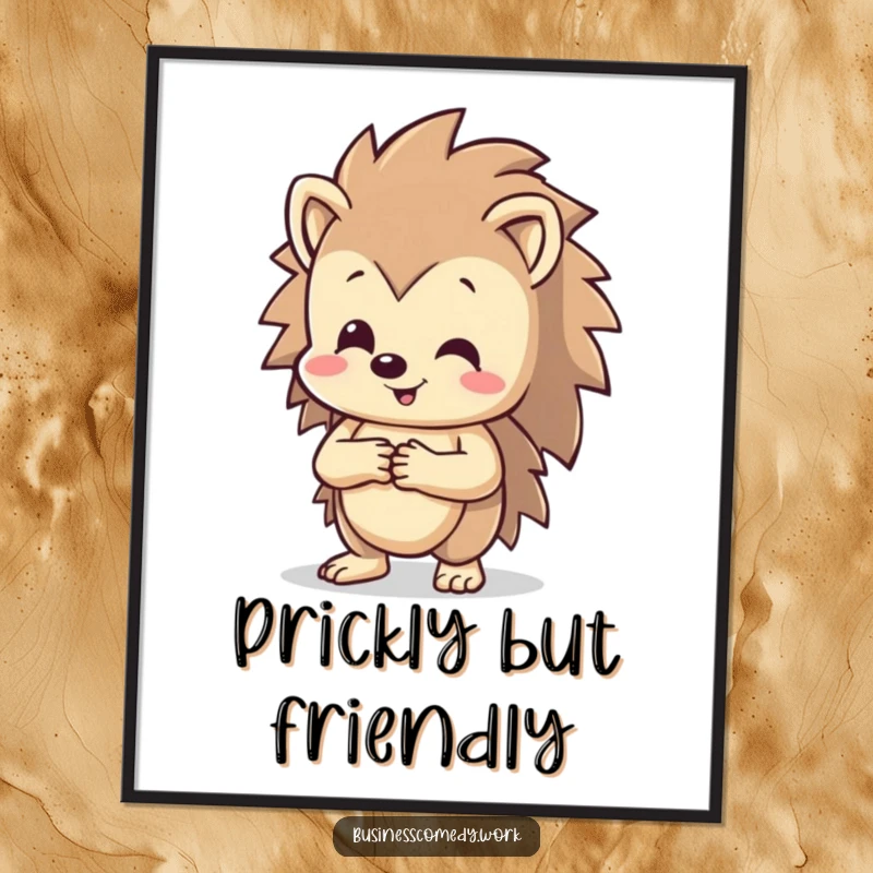 Funny happy hedgehog shaking hands on a poster, beaming with happiness, humorous wall art for friendly souls.