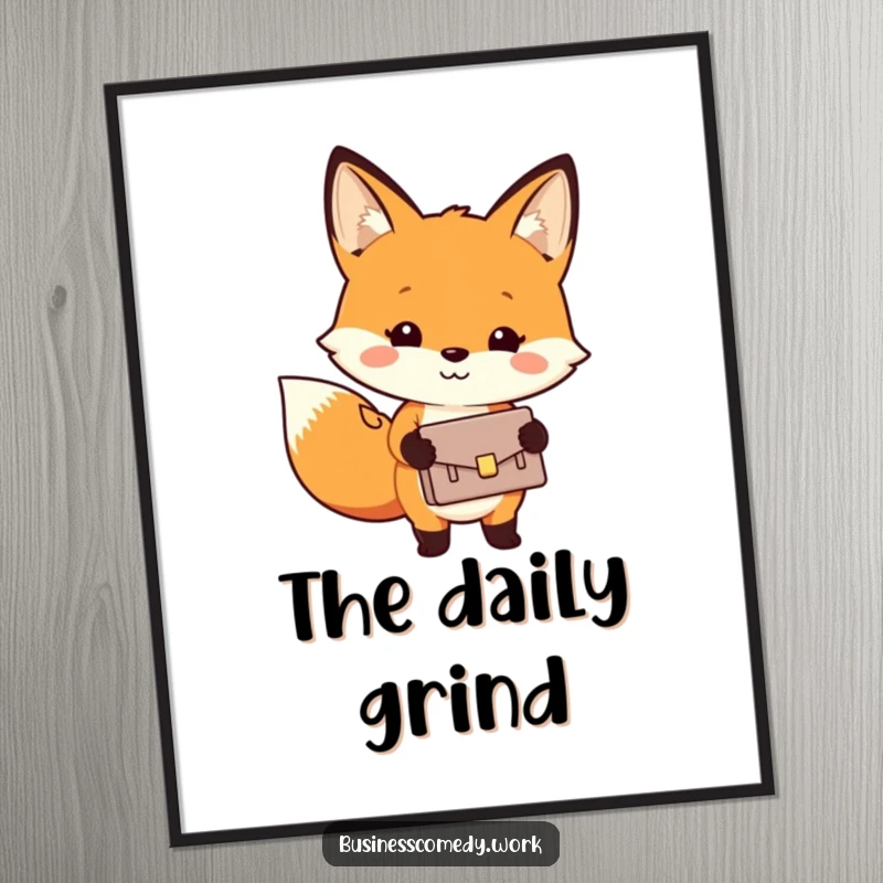 Funny poster featuring a smiling fox holding a tiny briefcase, symbolizing ambition and a humorous approach to work.