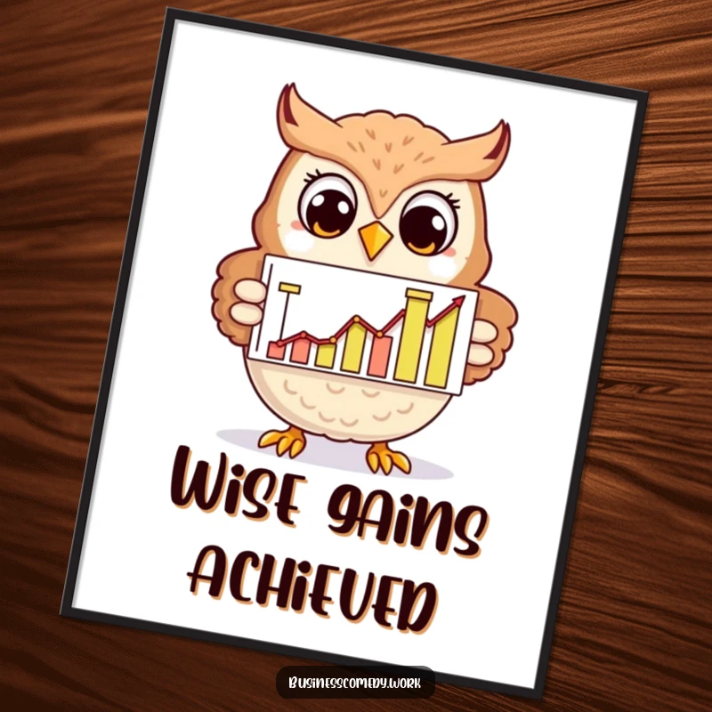 Funny cheerful owl showing a rising graph on a poster, smiling proudly, humorous wall art for analysts.