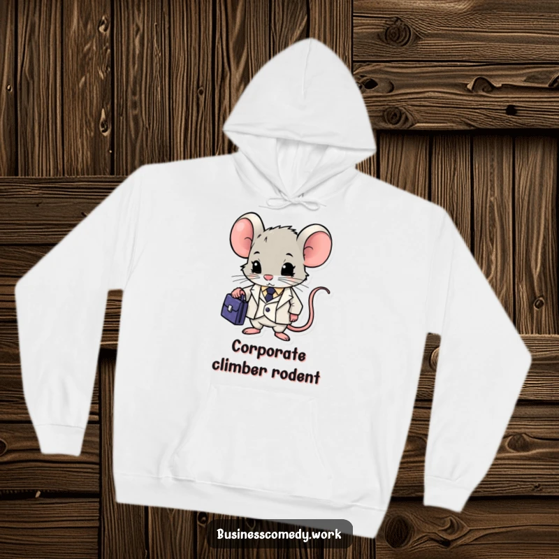 Funny mouse in a suit with a briefcase on a hoodie, exuding determination and focus, a humorous present for professionals.
