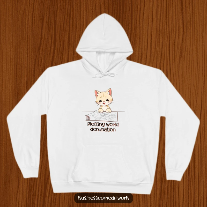 Funny hoodie featuring a happy cat examining a blueprint, providing warmth and a touch of feline ingenuity.