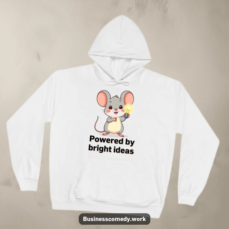Funny hoodie with a cheerful mouse holding a glowing lightbulb, inspiring warmth and bright ideas, perfect for cozy wear.