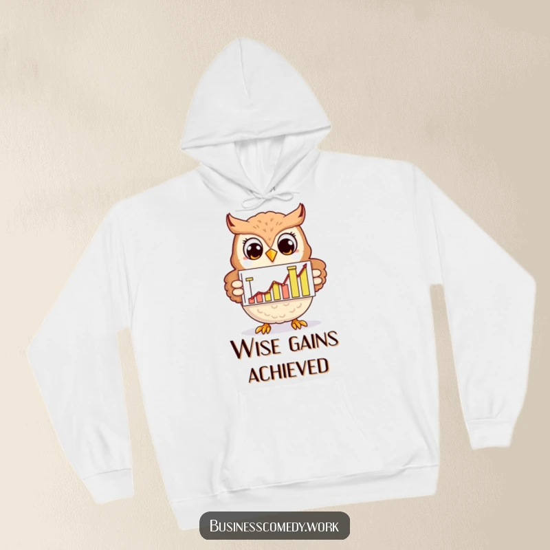 Funny cheerful owl presenting a rising graph on a hoodie, smiling, a cozy and humorous garment for intellectuals.