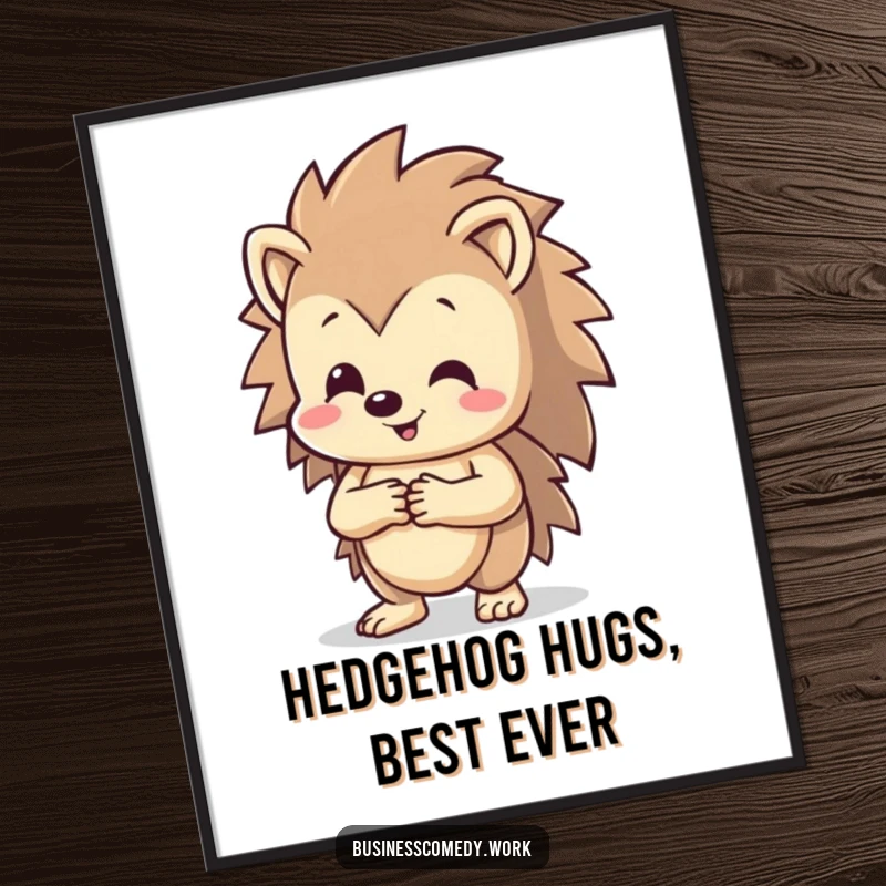 Funny Free Printable Wall Art: Happy hedgehog beaming while shaking hands with an unseen entity, exuding friendliness.