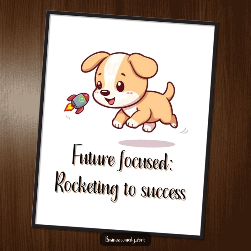Funny Free Printable Wall Art: Playful puppy joyfully chasing a tiny rocket icon, ready for adventure.