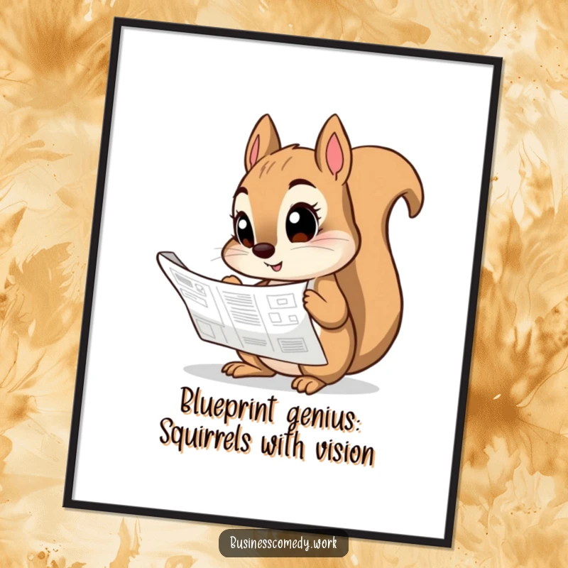 Funny Free Printable Wall Art: Curious squirrel intently analyzing a blueprint with wide, intelligent eyes.