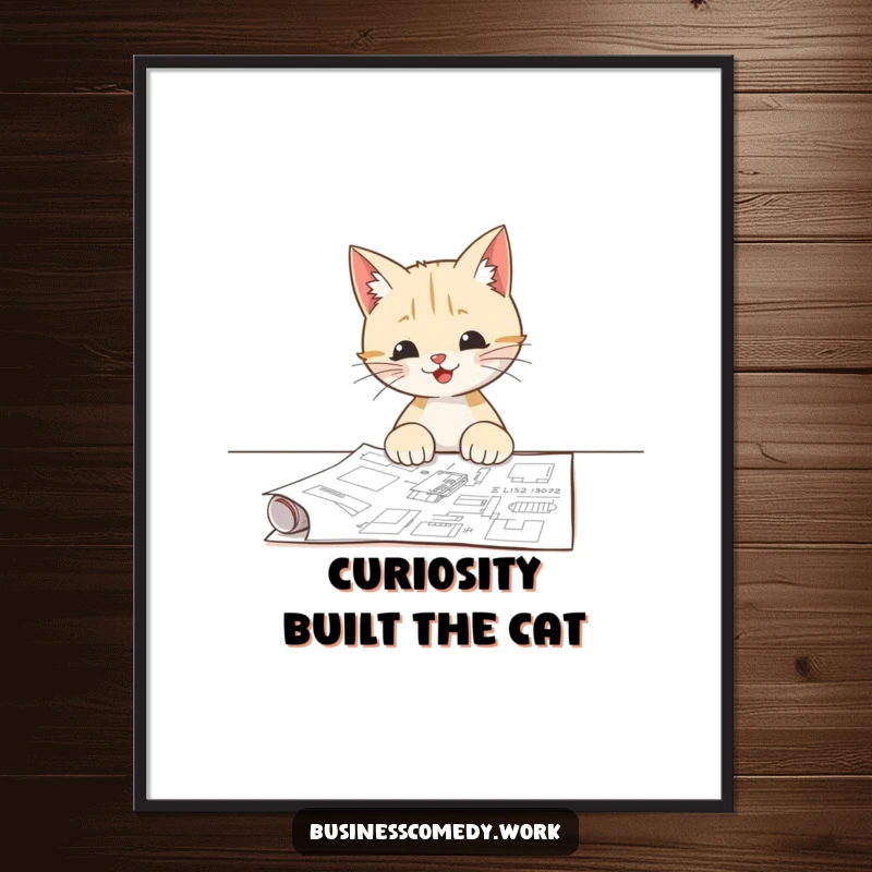 Funny Free Printable Wall Art: A curious cat examines a detailed blueprint spread on a table, full of contemplation.