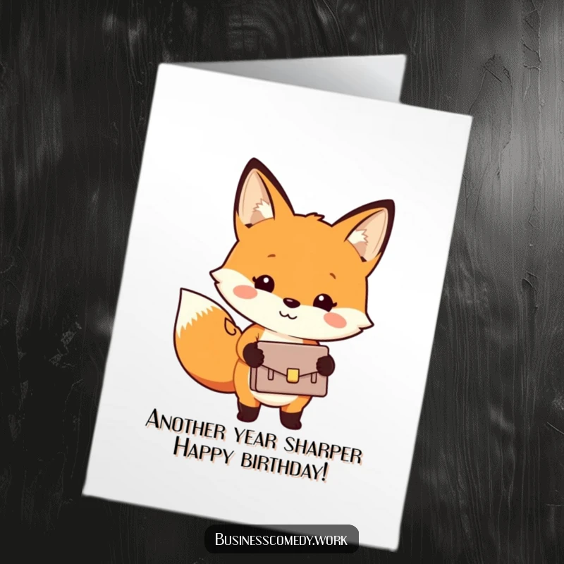 Funny Free Printable Birthday Card: Cheerful fox holding a tiny briefcase, ready for a party deal.