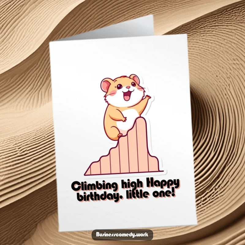 Funny Free Printable Birthday Card: Happy hamster climbing a stylized graph of success with a big smile.